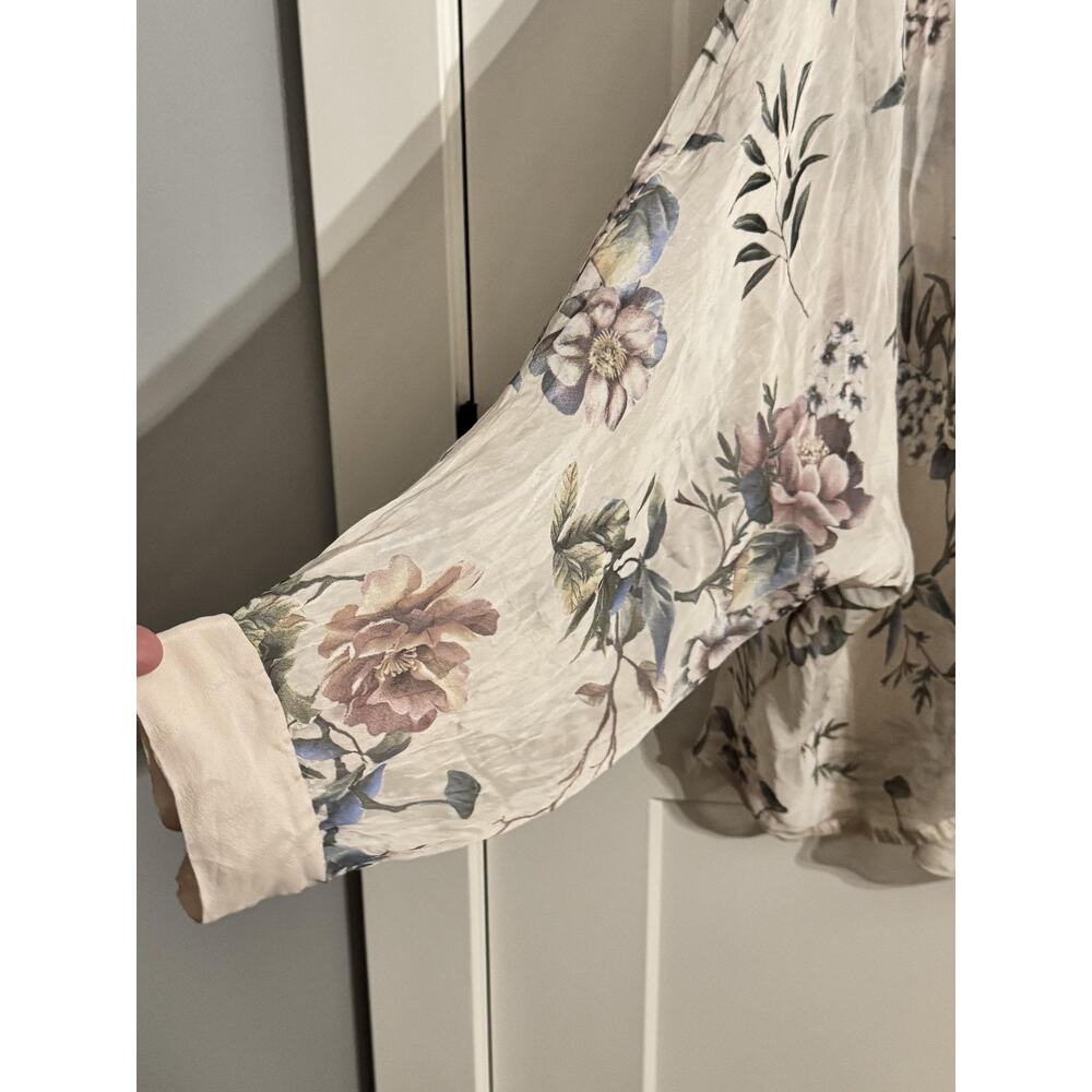 Tempo Paris Tunic Blouse Womens Large Beige Floral Silk Blend V Neck Boho Italy - Picture 6 of 7
